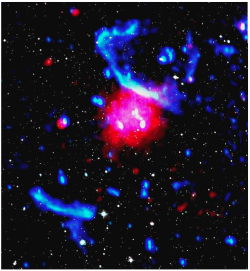 PLCK G287.0+32.9 is a galaxy cluster for which the clumped galaxy distribution (optical in white) and disturbed hot intra-cluster gas (X-rays in red; radio in blue) indicates that this system underwent a recent major merger. From Bonafede, Intema et al. (2014)